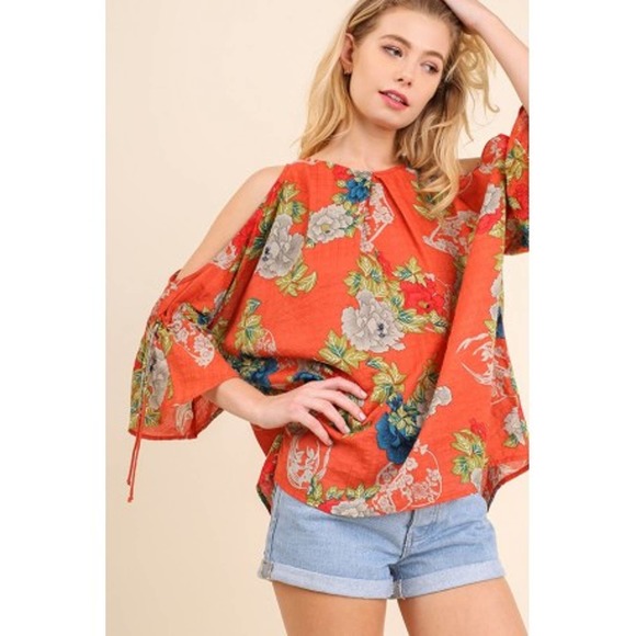 Umgee Tops - Umgee Floral Cold Shoulder Keyhole Blouse